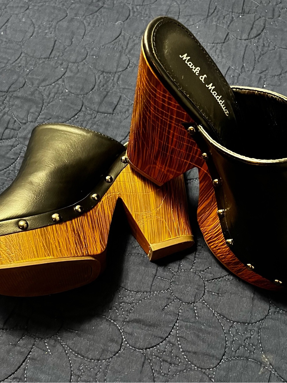 Mark & Maddux Black Leather Platform Clogs with Wood-Effect Heel